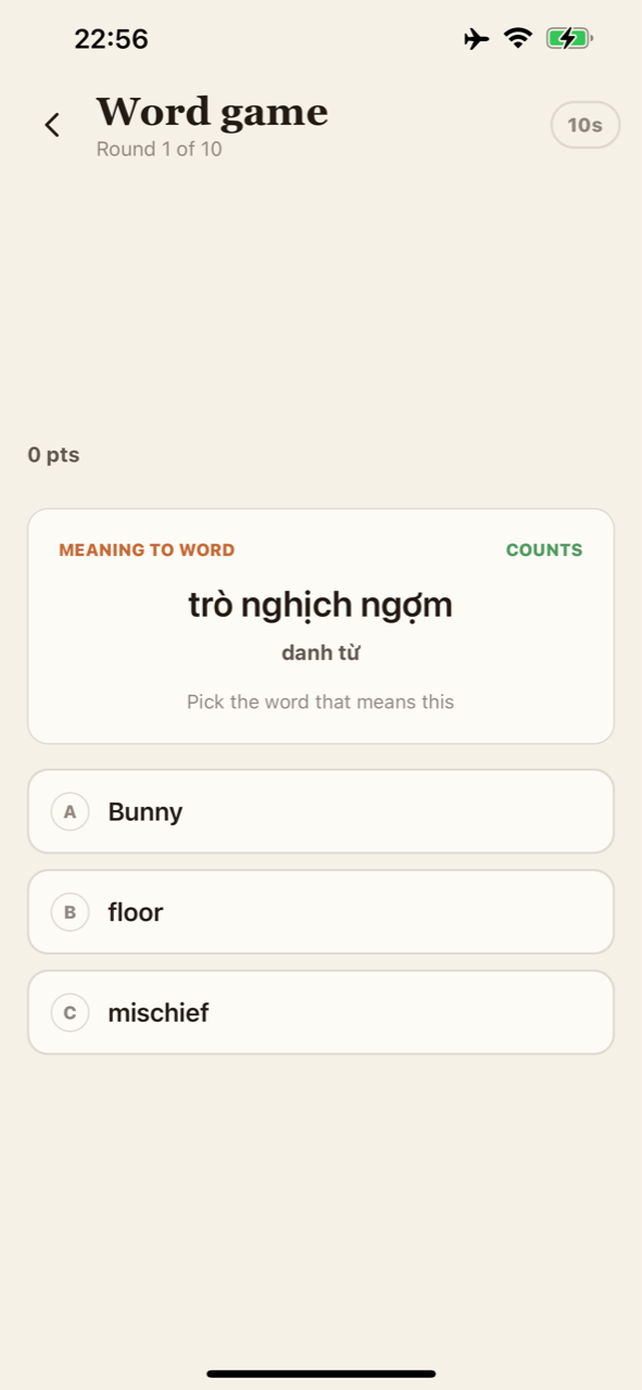 English vocabulary game with a meaning-to-word question and answer choices