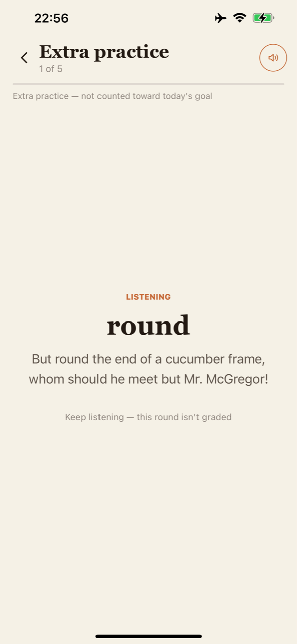 Hands-free learning round with a saved English word and its source sentence