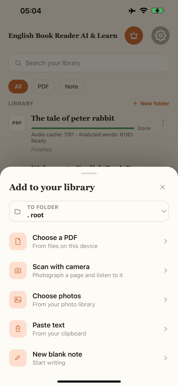 PDF, camera, photos, pasted text and note import options