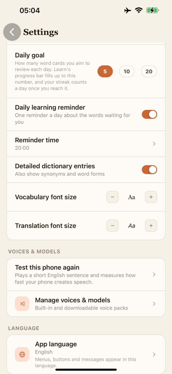 Daily goals, reminders and vocabulary and translation font sizes