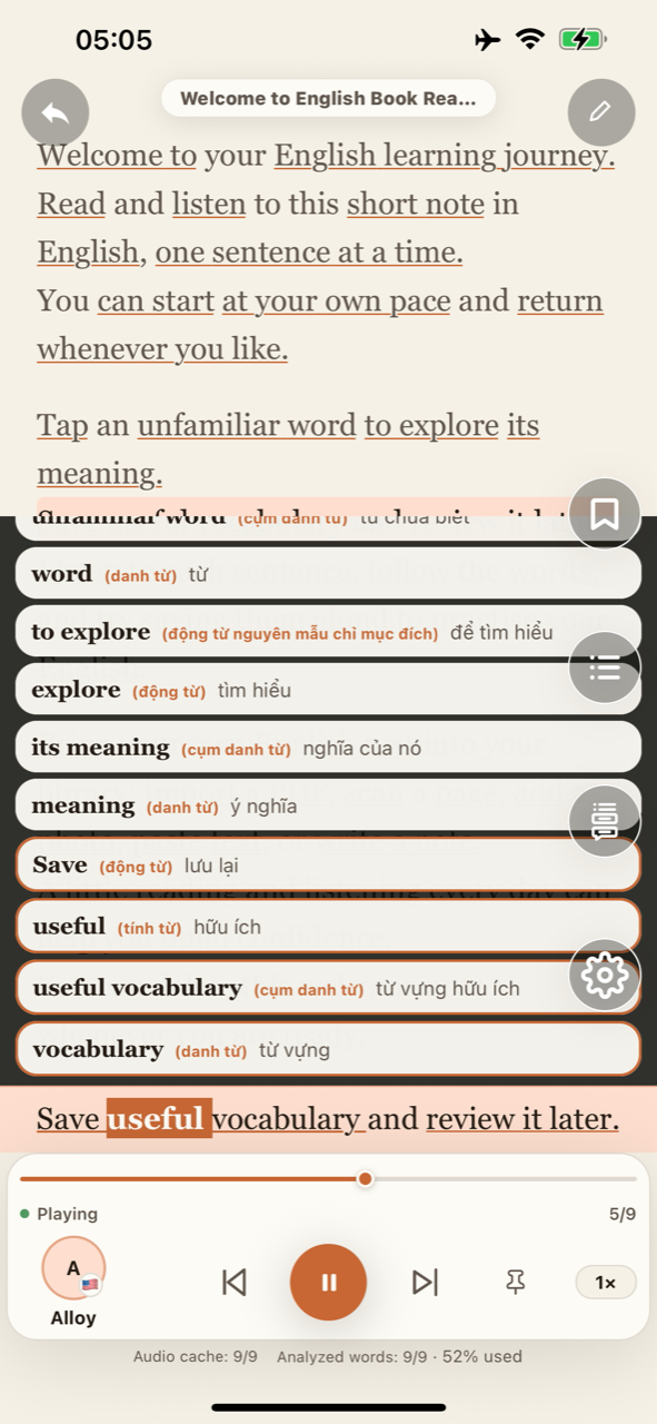 Text reader with word highlighting and playback controls