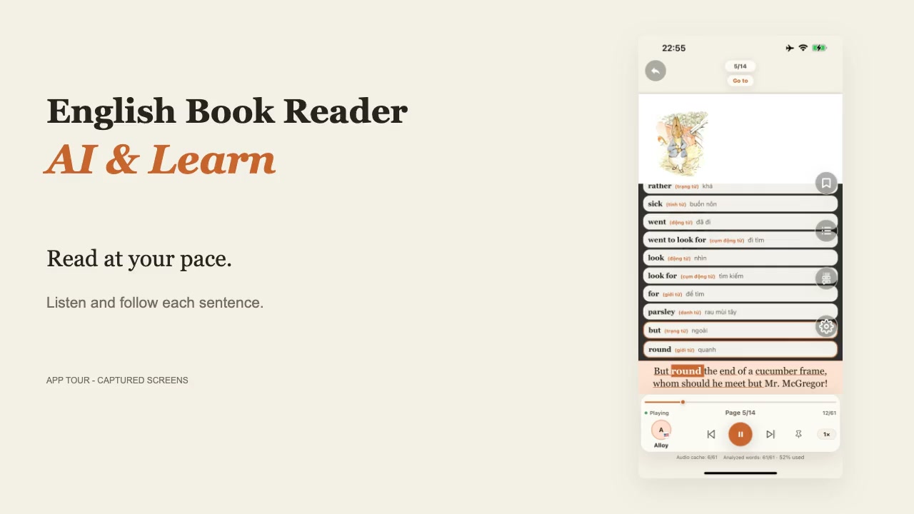 English Book Reader app tour with a real reader screen
