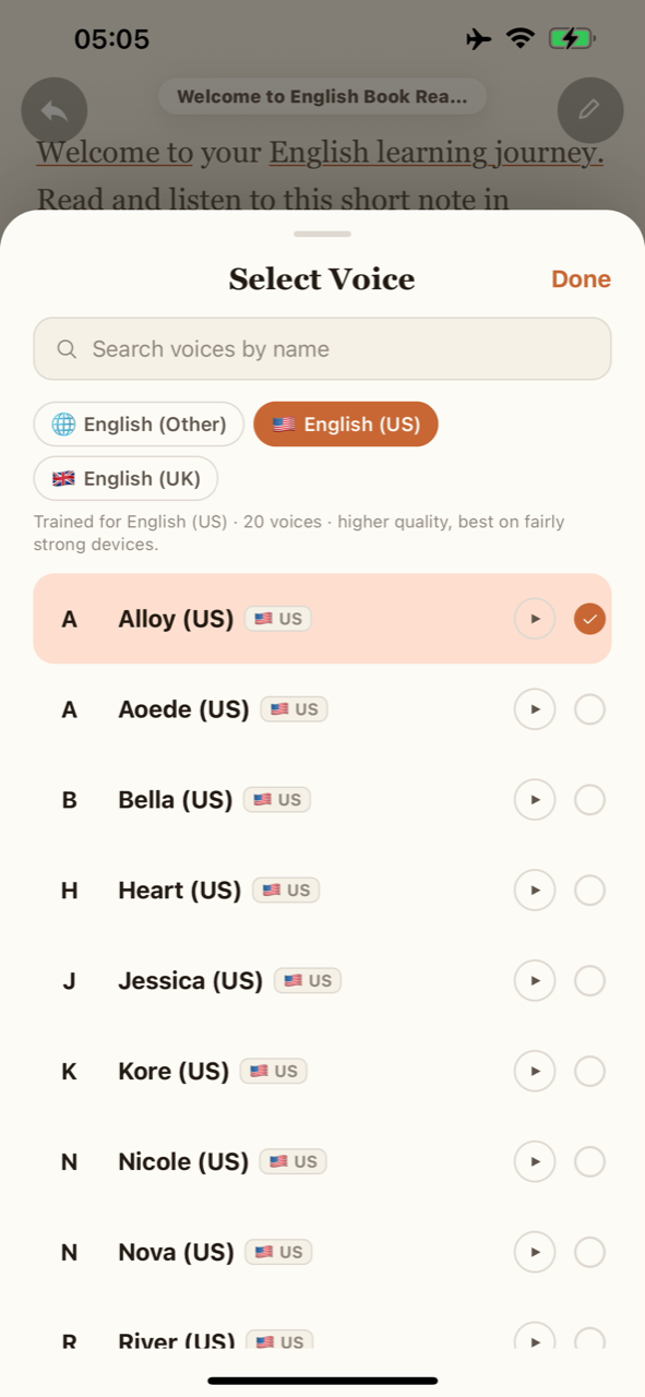 English voice picker in the app