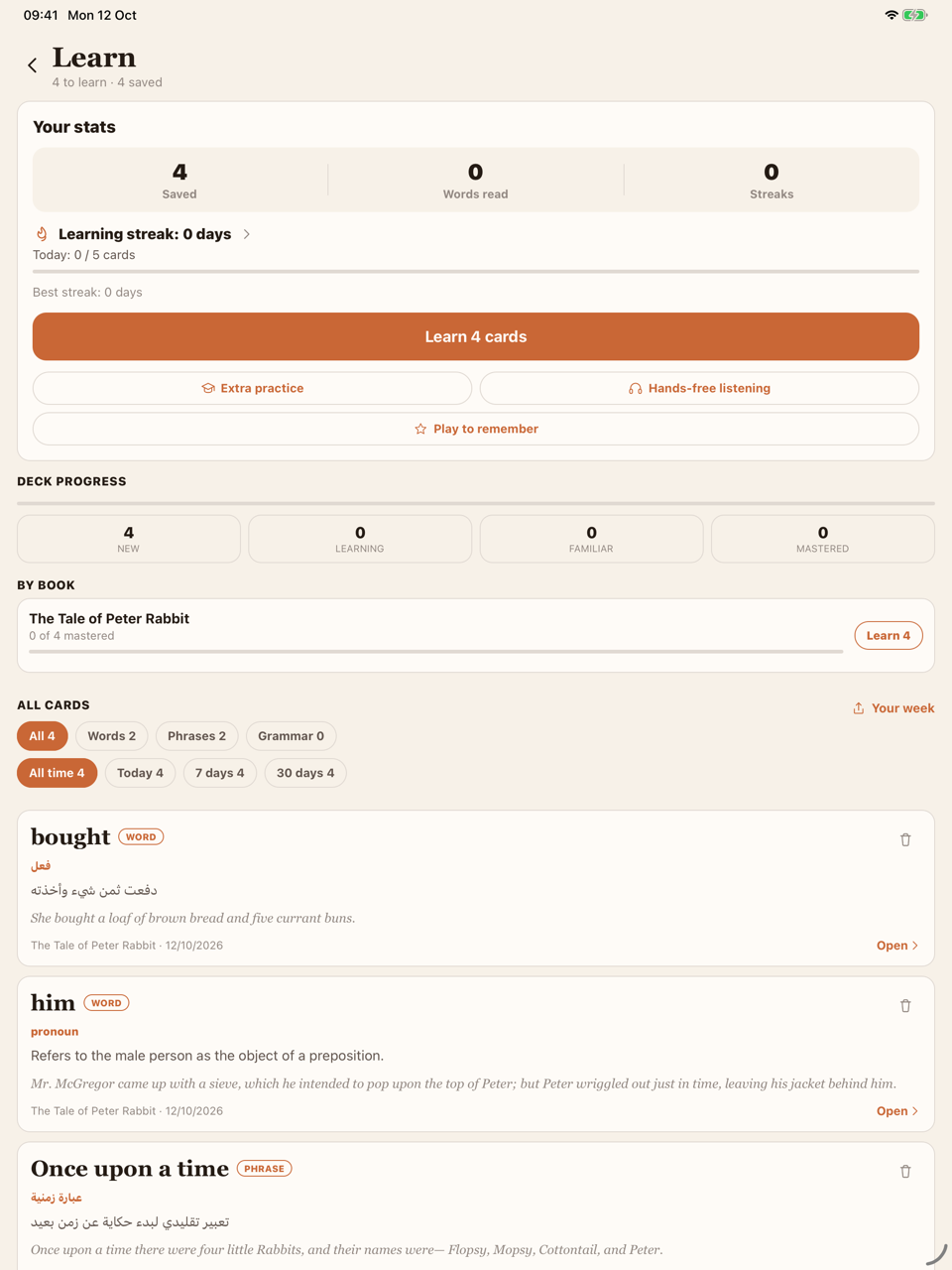 The app learning dashboard on iPad, with saved vocabulary and deck progress