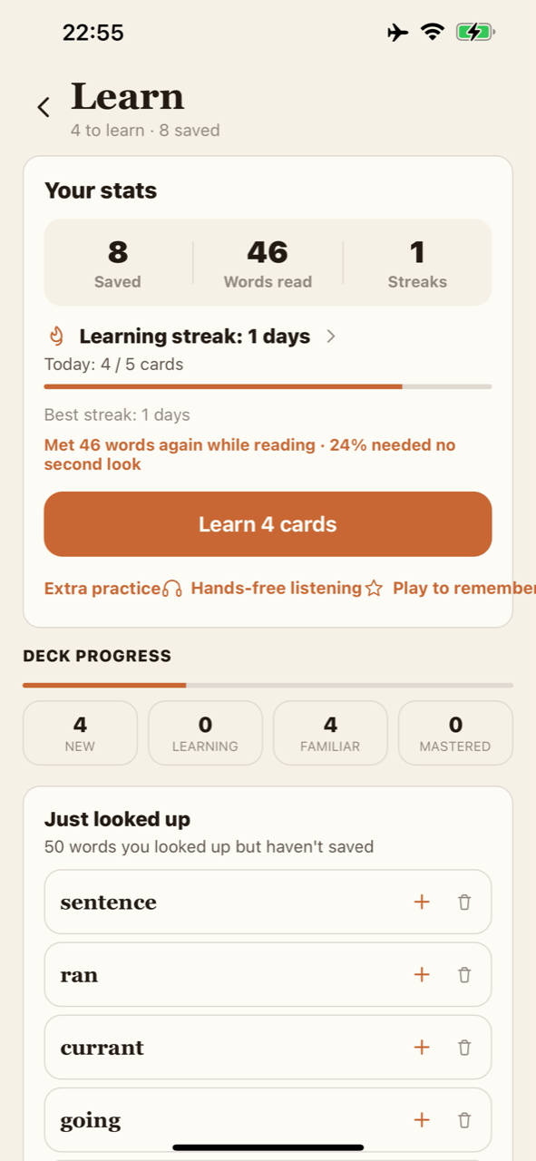 The Learn screen showing saved words, a learning streak and vocabulary deck progress