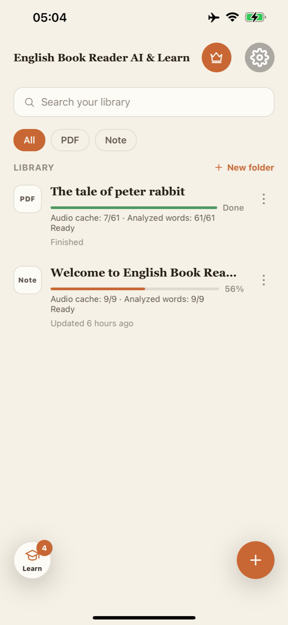 The app library with PDF books, notes, folders and reading progress