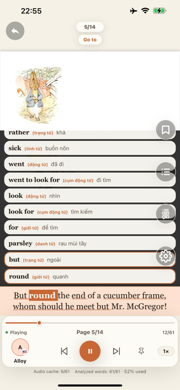 English Book Reader displaying a PDF with sentence captions, word meanings and audio playback controls